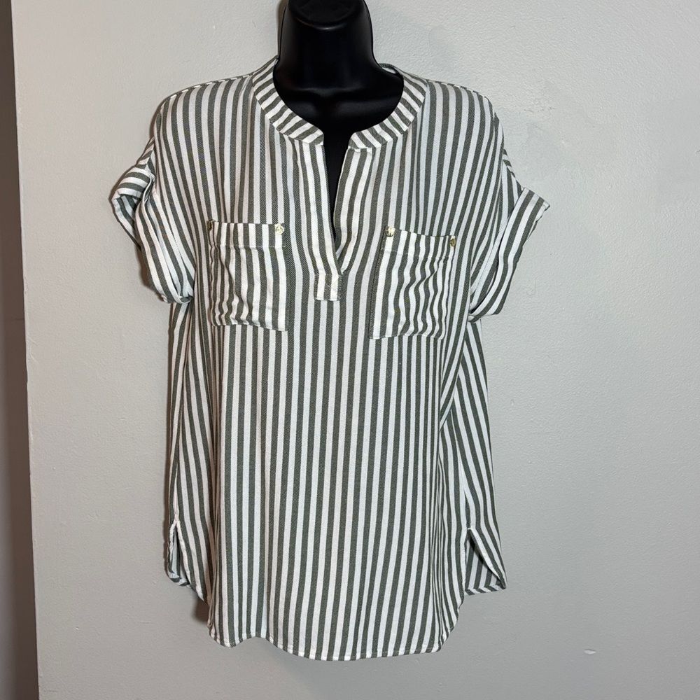 Jones New York Green  Striped Blouse small
